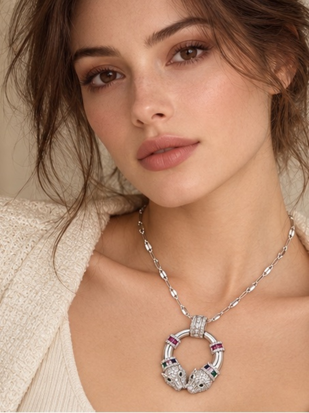 Luxe Silver Necklace with Pink and Green Accents